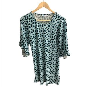 Escapada Living Resort Style Dress | Ruffle Sleeves | Blue Hexagon Pattern | S